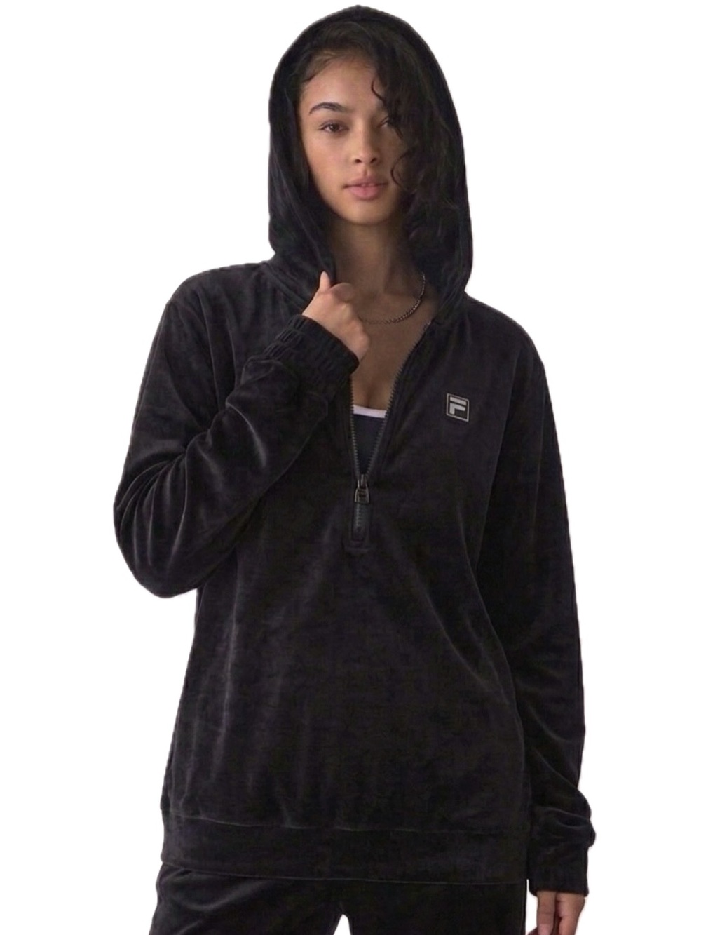 Fila Womens Black Velour 1/2 Zip Pullover Hoodie Size M Plush Sweatshirt Y2K